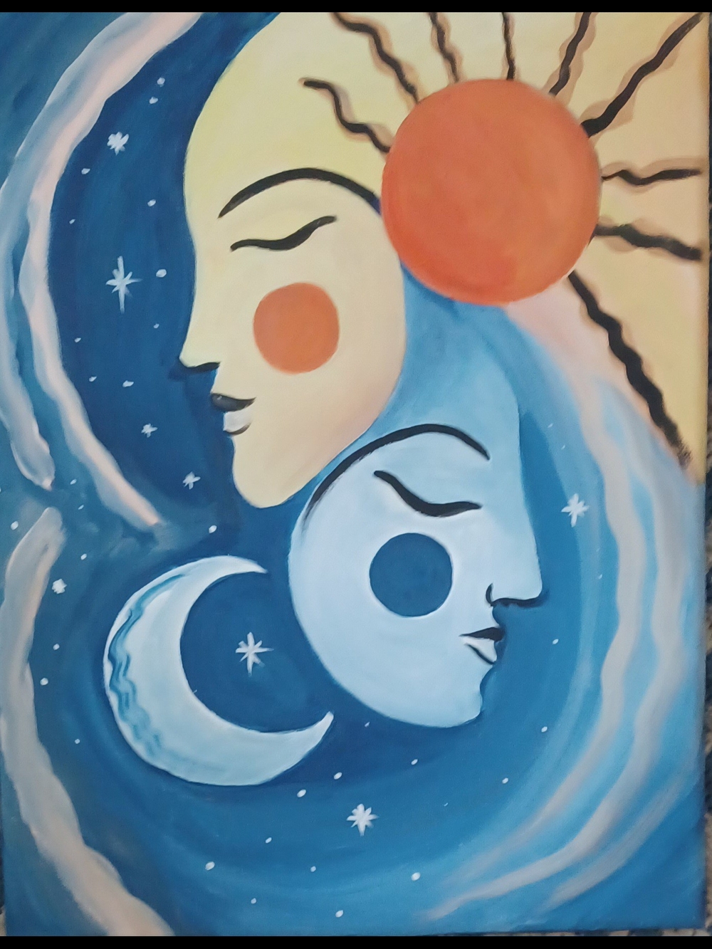 Original Acrylic Sun and Moon Wall Art Painting - Blue & Orange
